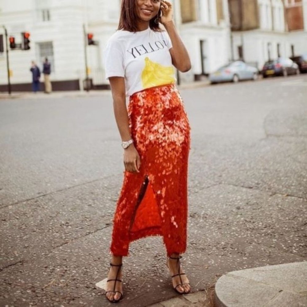 ZARA Long Red Sequin Skirt with Front Slit NWT